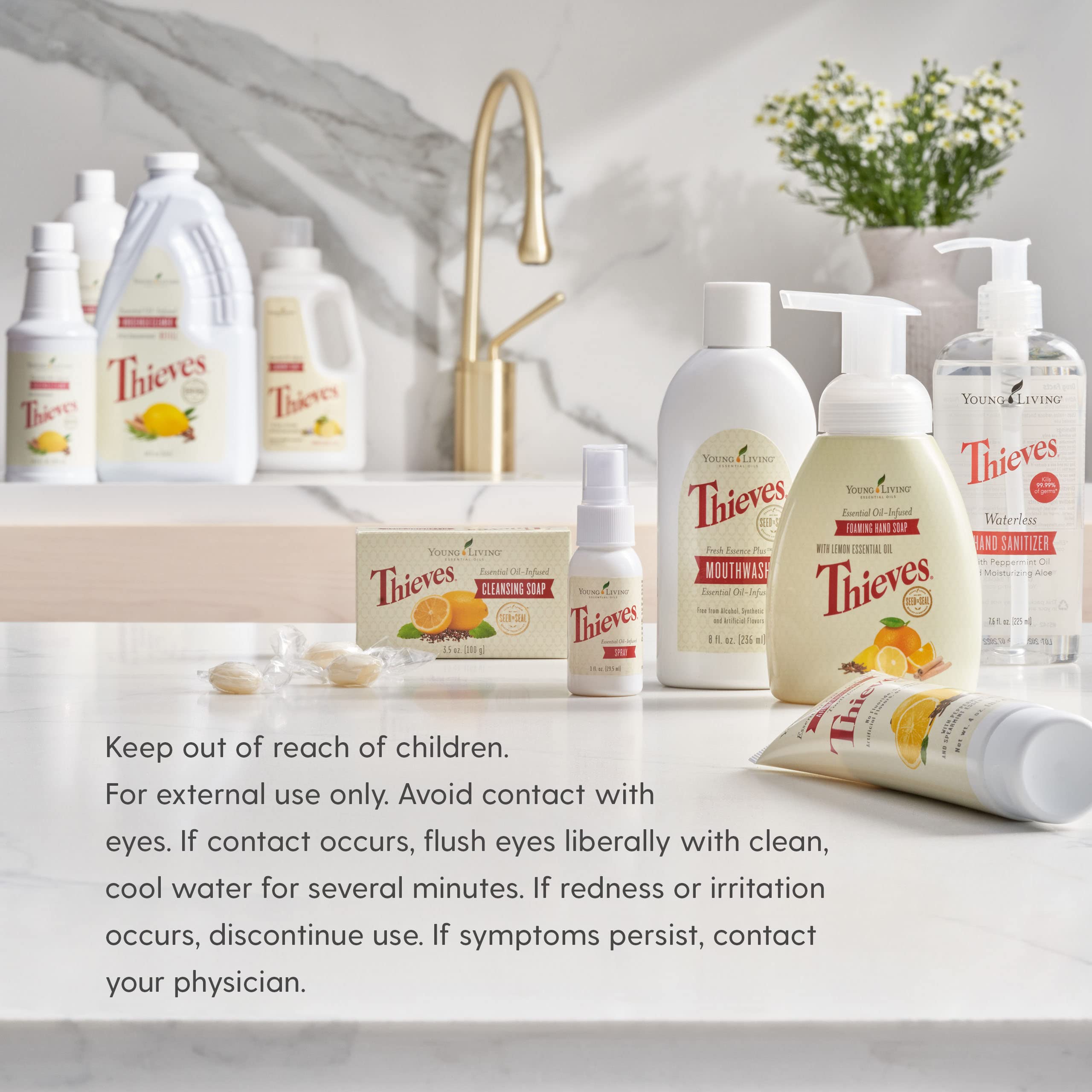 Ingredient bottle highlighting nourishing formula and Thieves blend
