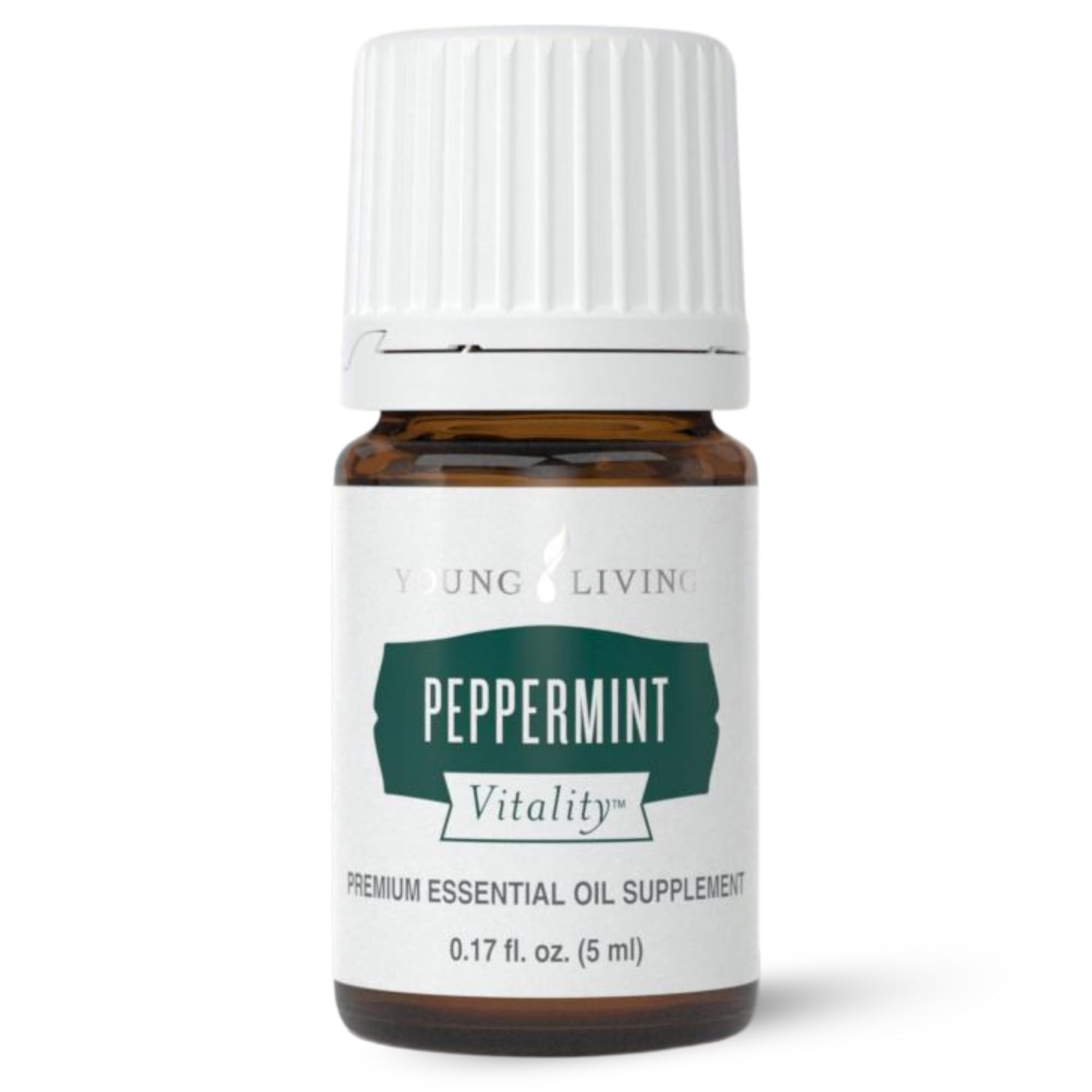 Young Living Vitality Peppermint 5ml bottle close-up showing pure oil for culinary use