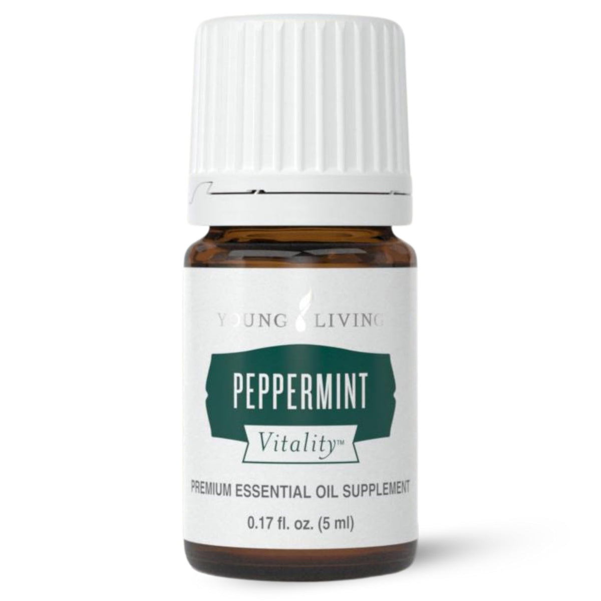 Young Living Vitality Peppermint 5ml bottle close-up showing pure oil for culinary use