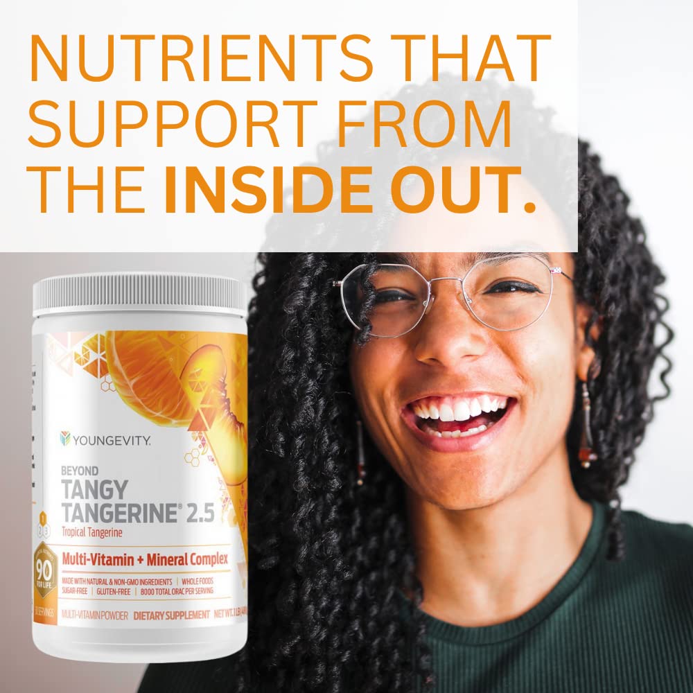 Youngevity Beyond Tangy Tangerine 2.5 packaging highlights non-GMO natural ingredients.