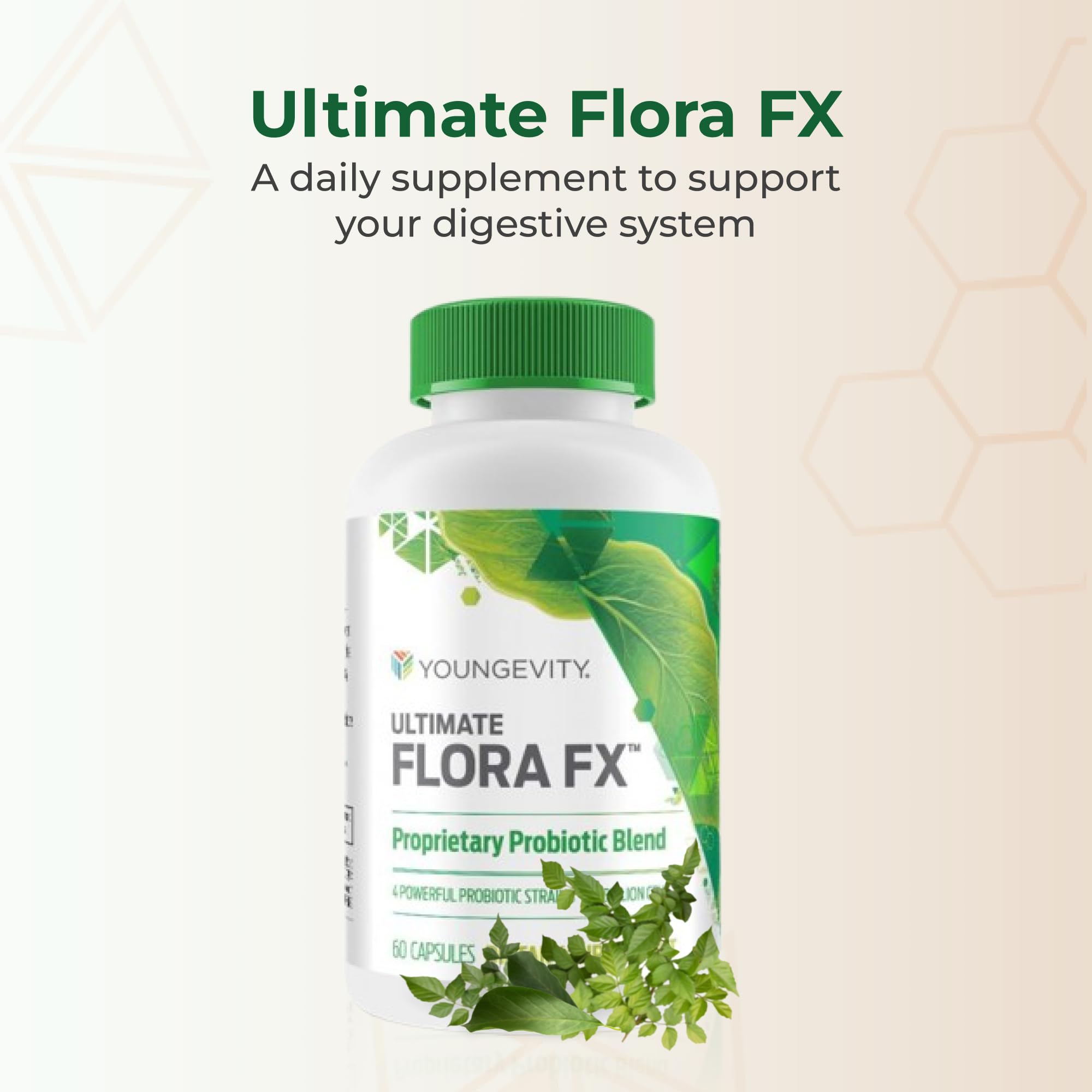 Youngevity Ultimate Flora FX capsules close-up showing 4B CFU probiotic blend
