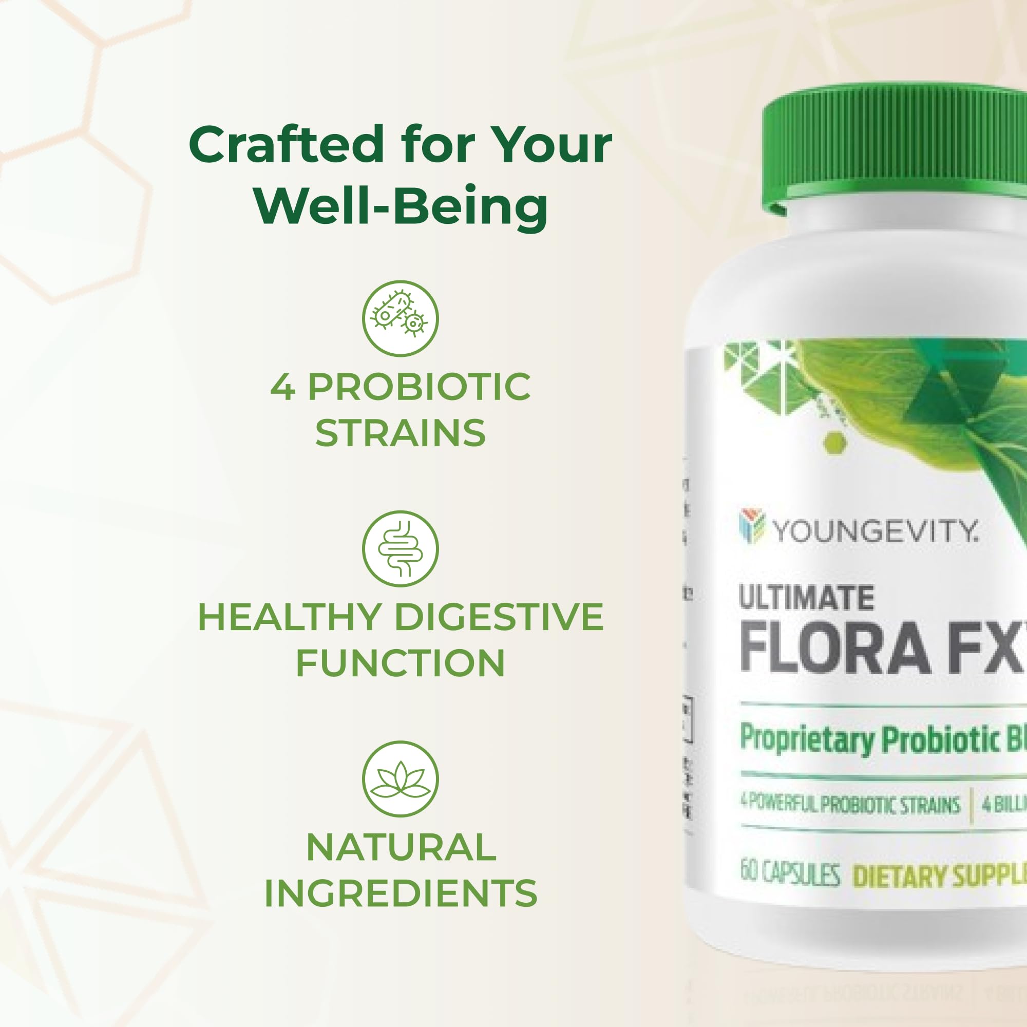 Youngevity Ultimate Flora FX ingredients panel highlights key probiotic strains