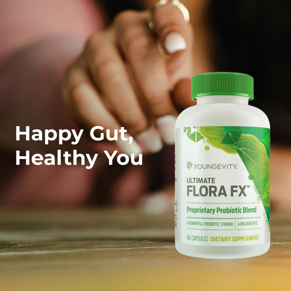 Youngevity Ultimate Flora FX packaging communicates quality and vegetarian capsule format