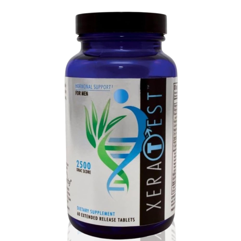 Youngevity XeraTest bottle front view signaling hormone-free support for men's wellness.