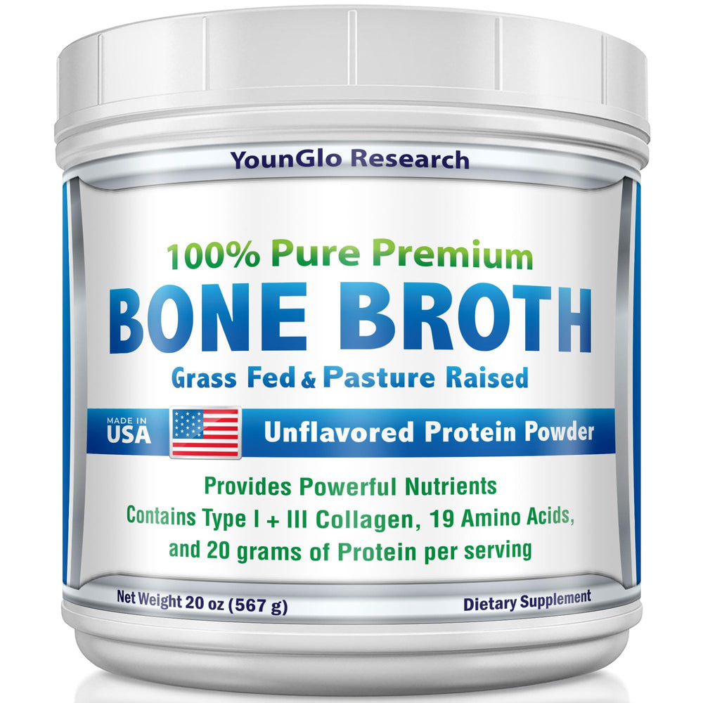 younglo research bone broth packaging highlights high-protein collagen powder for soups and meals