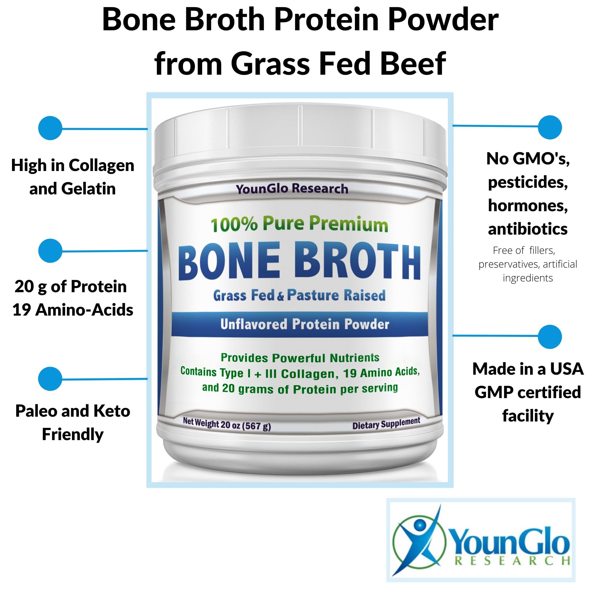 younglo research bone broth powder dissolving smoothly in hot liquid for quick meals