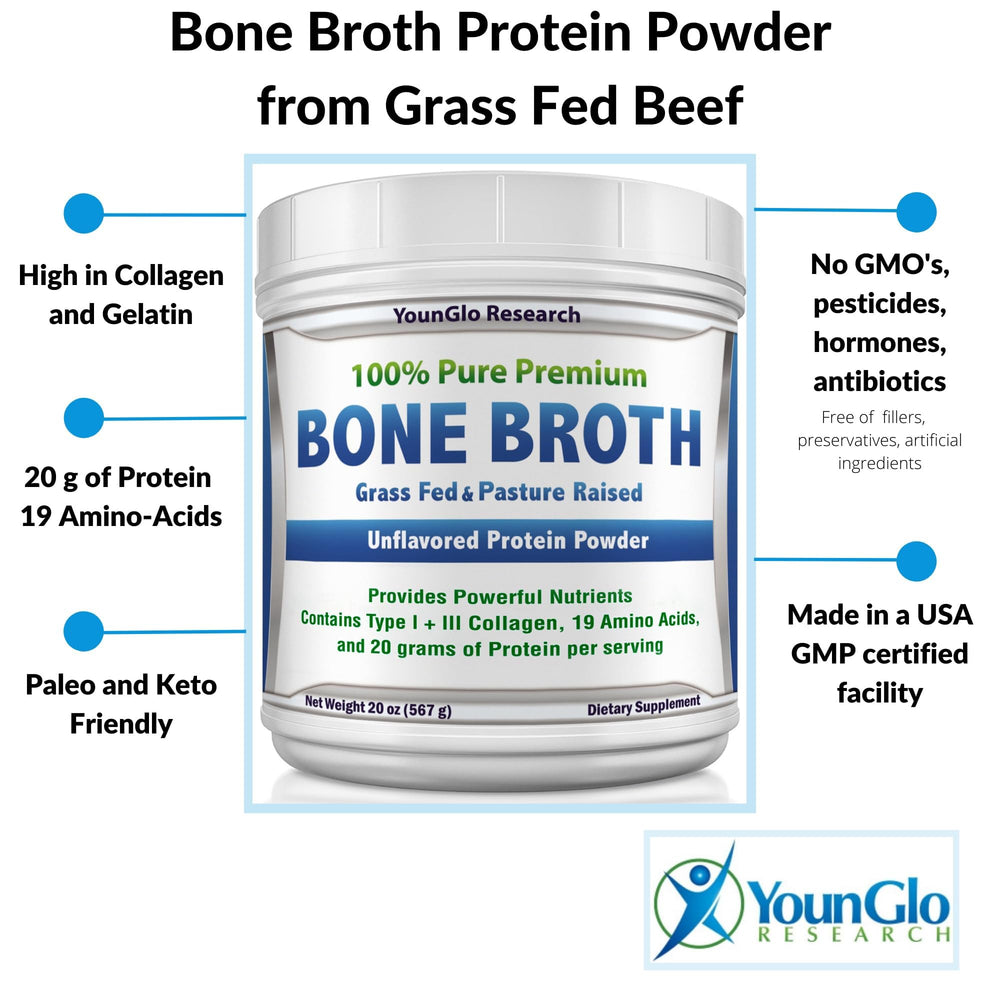 younglo research bone broth powder dissolving smoothly in hot liquid for quick meals