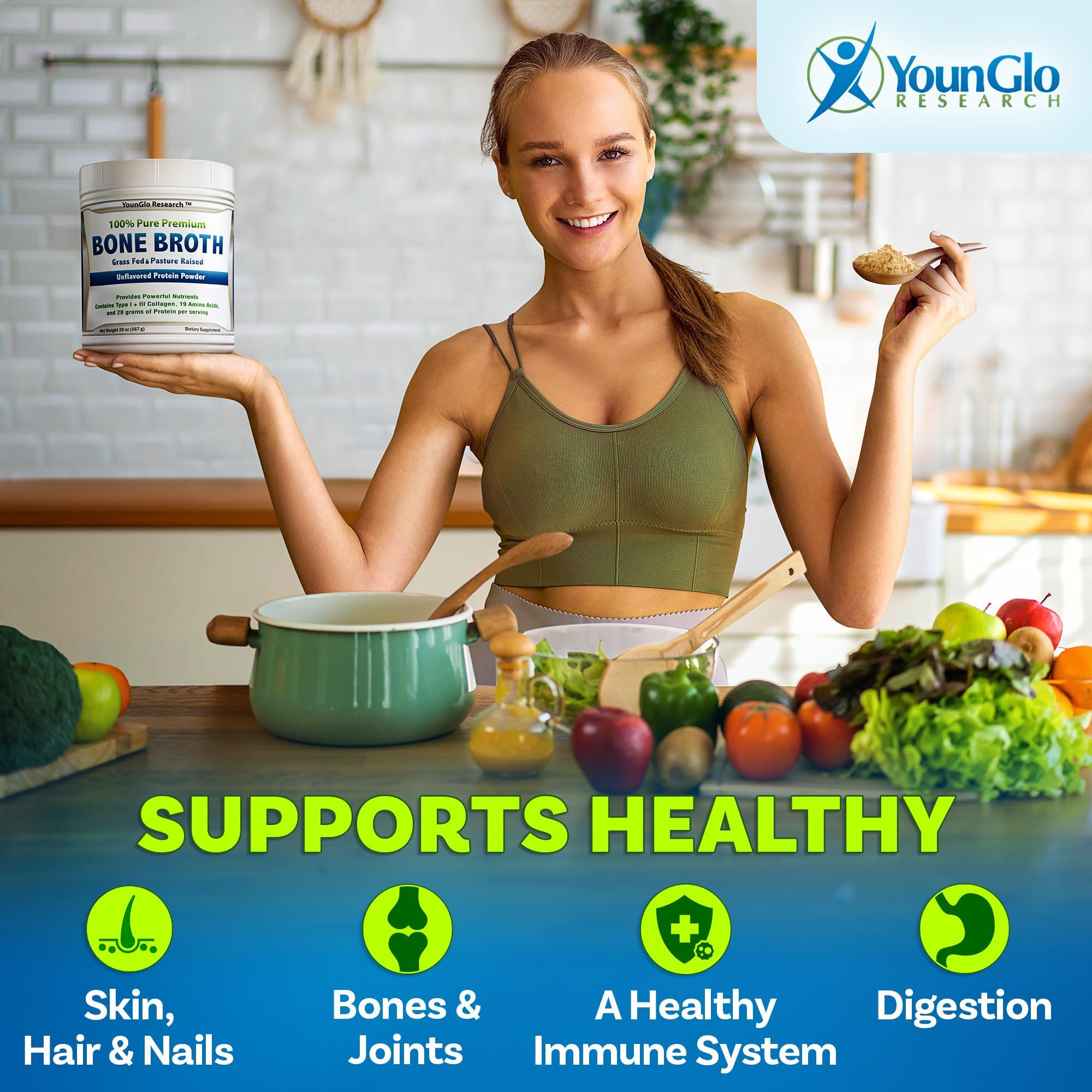 jar of younglo research bone broth powder with clear label for convenient protein source in meals
