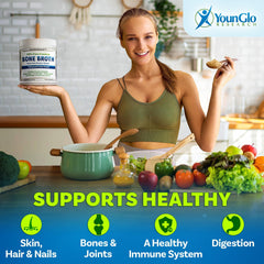 jar of younglo research bone broth powder with clear label for convenient protein source in meals