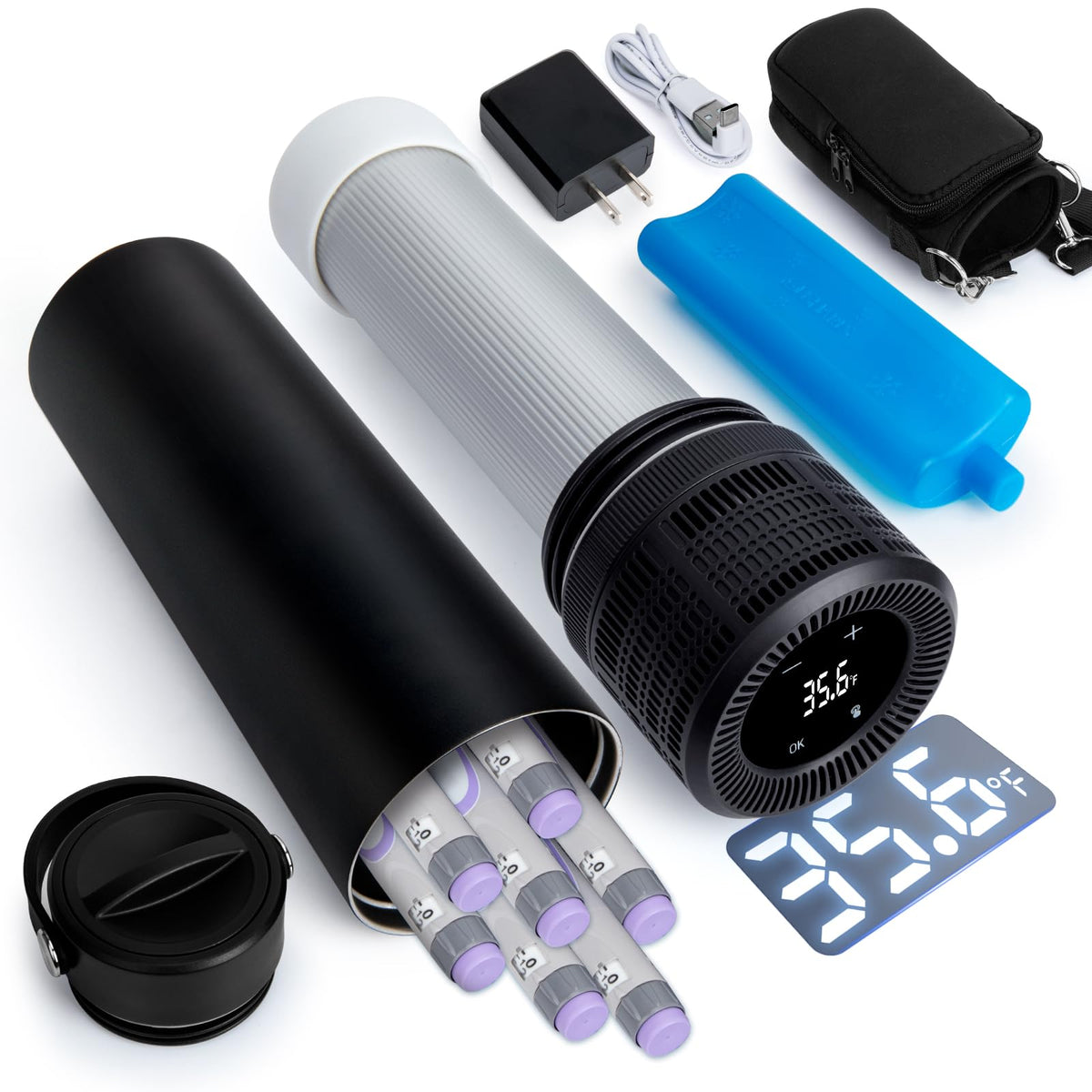 YOUSHARES insulin case with temperature display for precise travel temperature control.