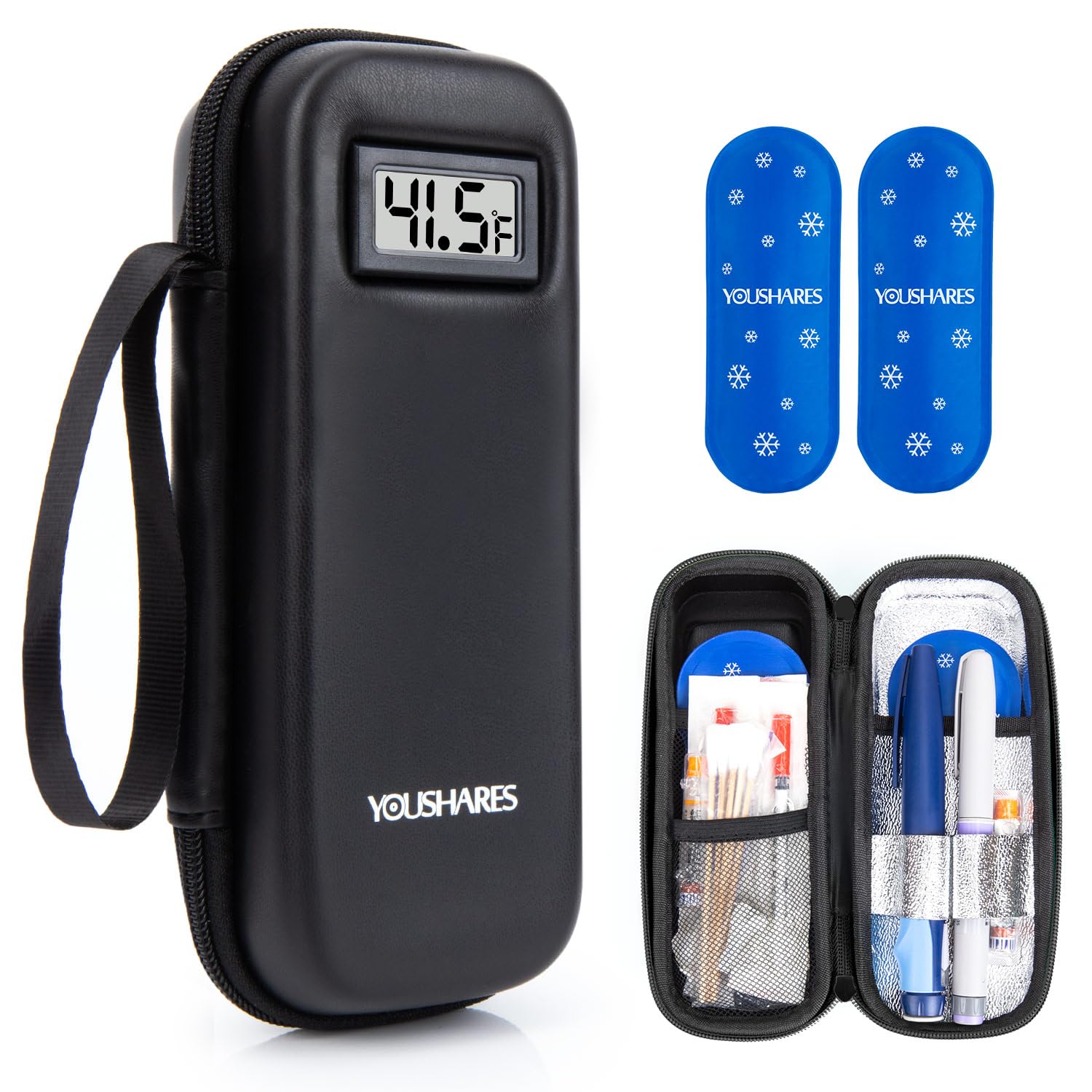 YOUSHARES insulin cooler case front view showing compact travel-friendly design for diabetes supplies.