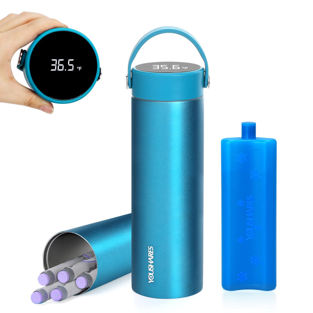 YOUSHARES insulin cooler case outer view highlights compact travel-ready design for on-the-go diabetes care.