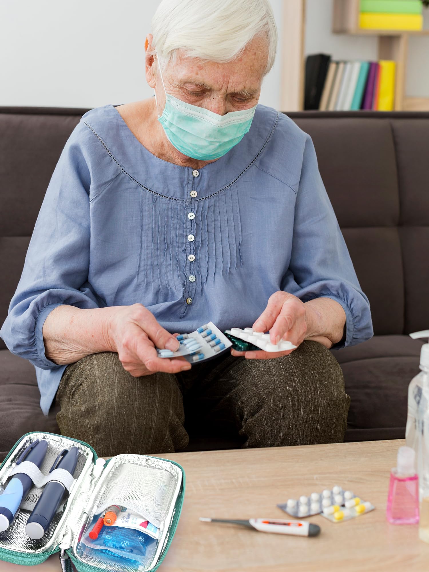 YOUSHARES travel case shown in daily use scenarios for portable diabetes supplies.