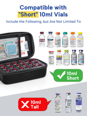 Hard-shell case with foam interior protects insulin vials from bumps and vibrations.