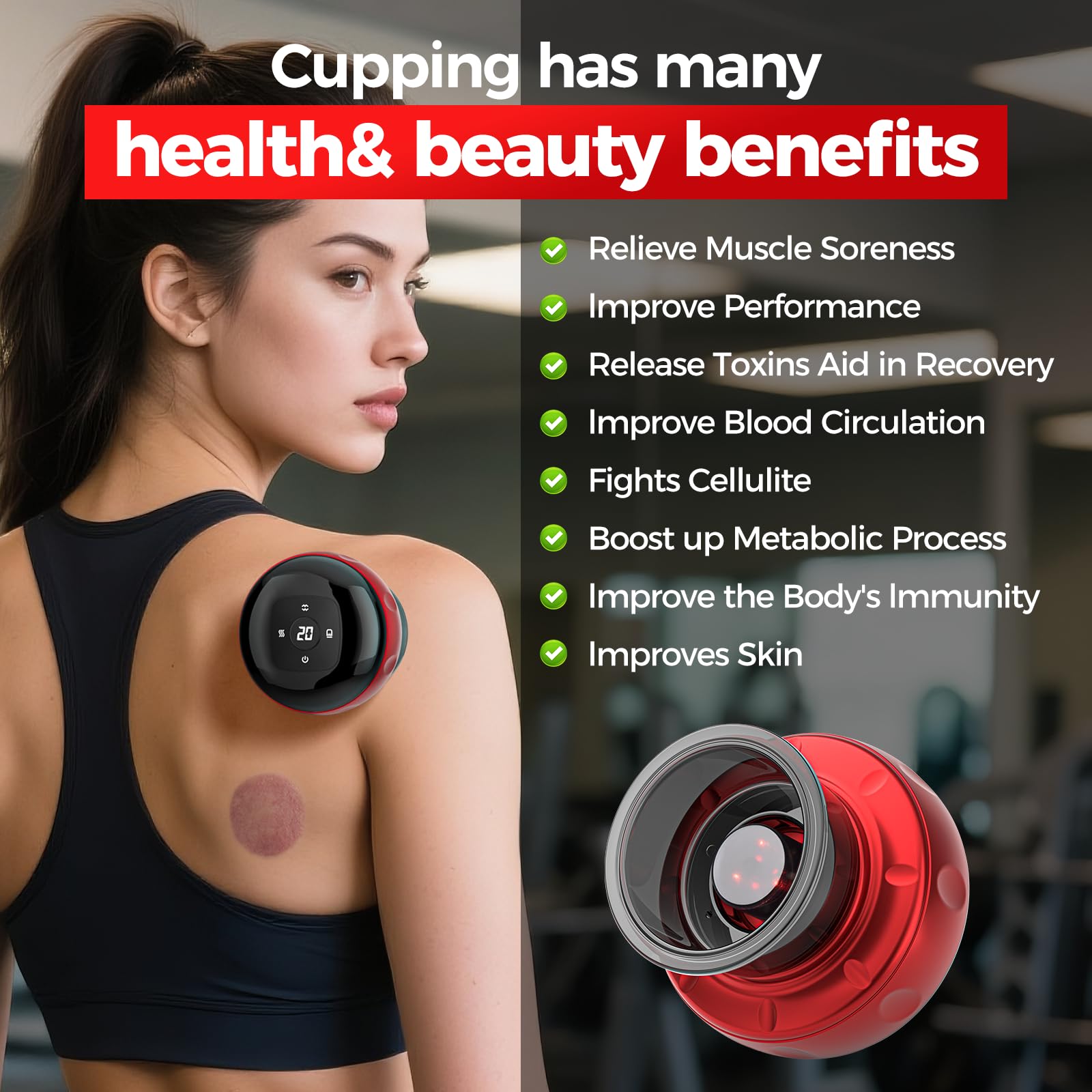 Youtelit dynamic cupping and massage attachments in use on the back