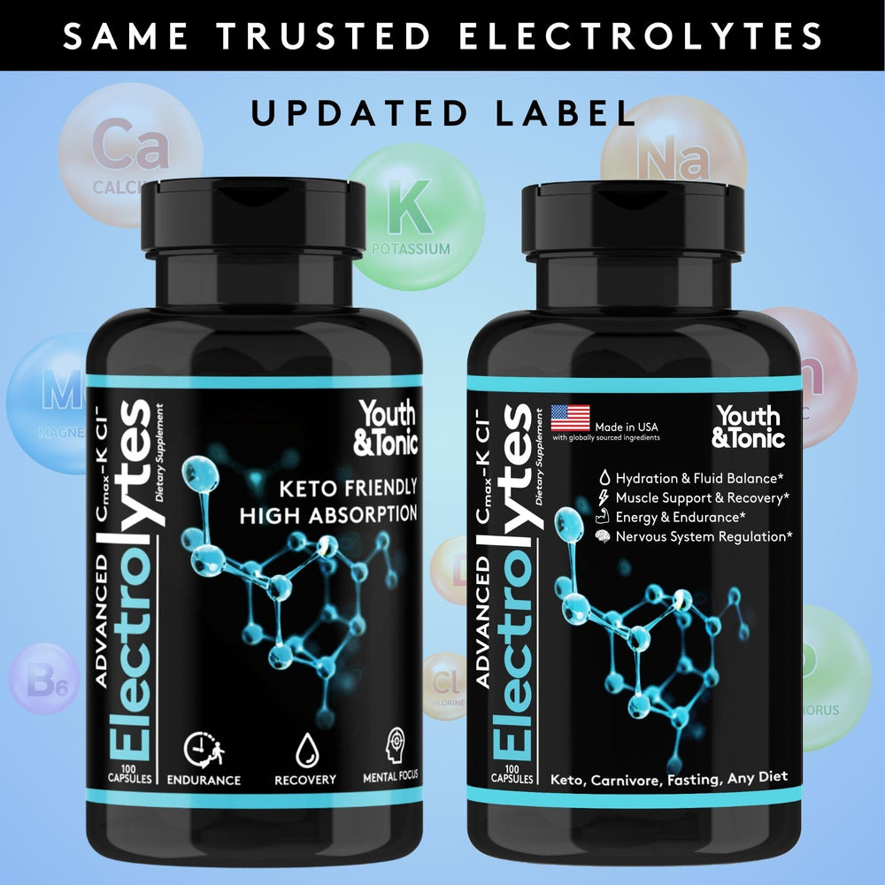 Youth & Tonic complete electrolyte pills bottle featuring easy-to-swallow, tasteless capsules for on-the-go hydration.