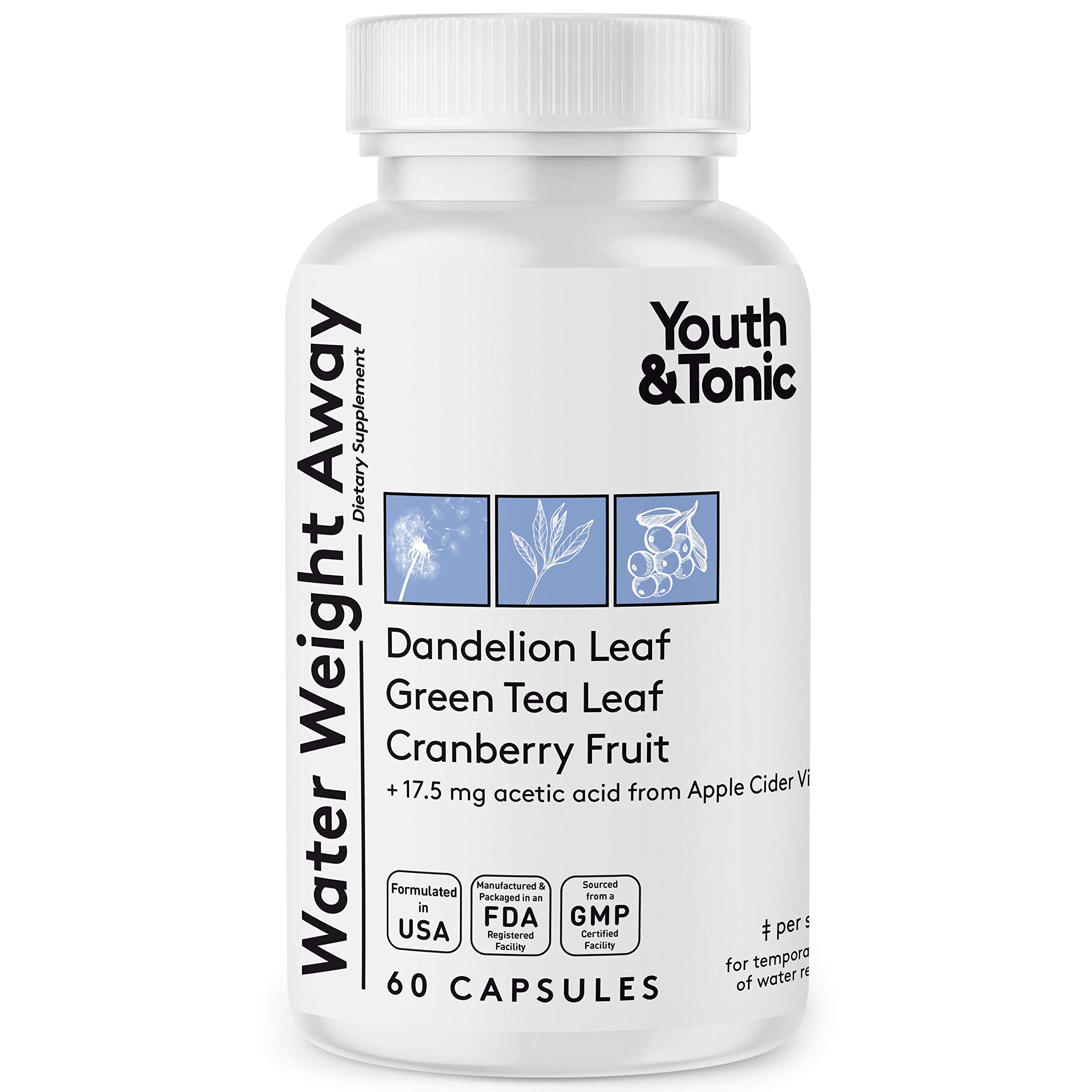 Youth & Tonic Natural Water Weight Away bottle pours, highlighting diuretic support for bloating relief.