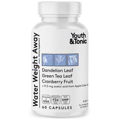 Youth & Tonic Natural Water Weight Away bottle pours, highlighting diuretic support for bloating relief.