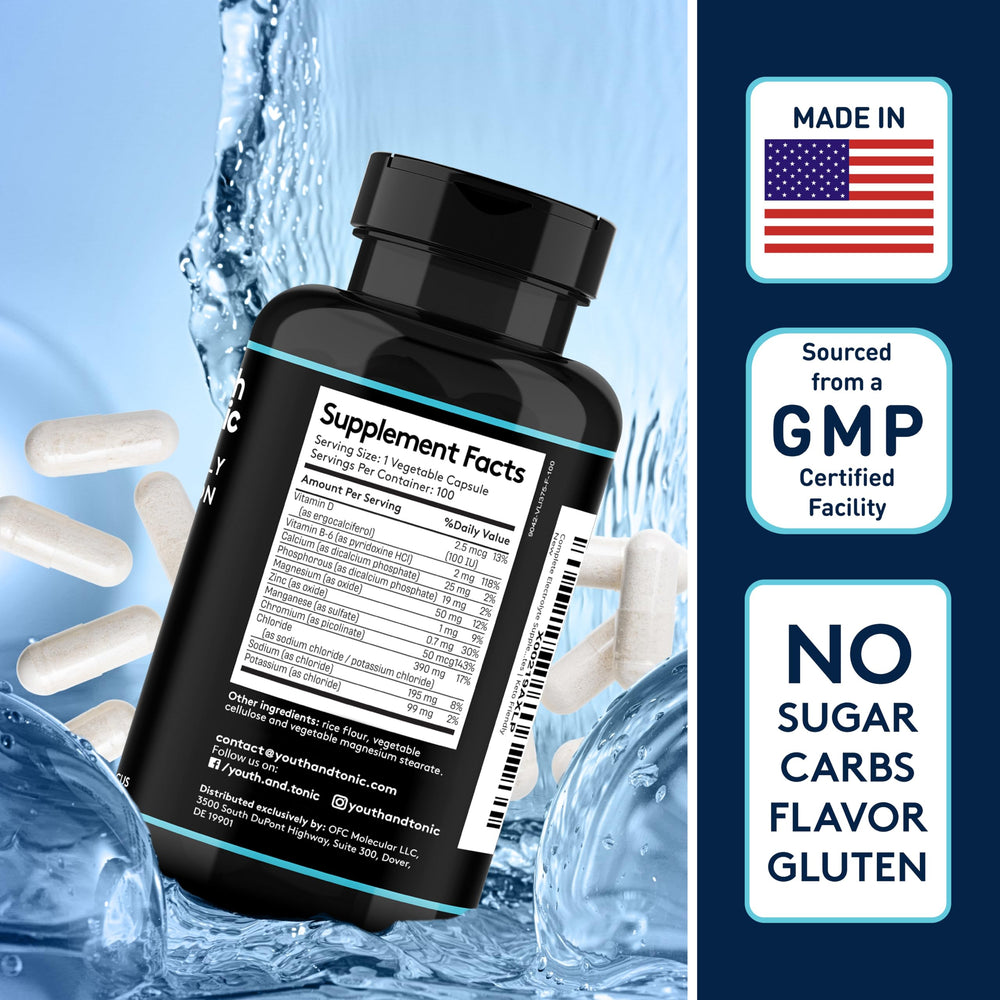 Youth & Tonic US-made GMP facility badge on packaging signals quality control.