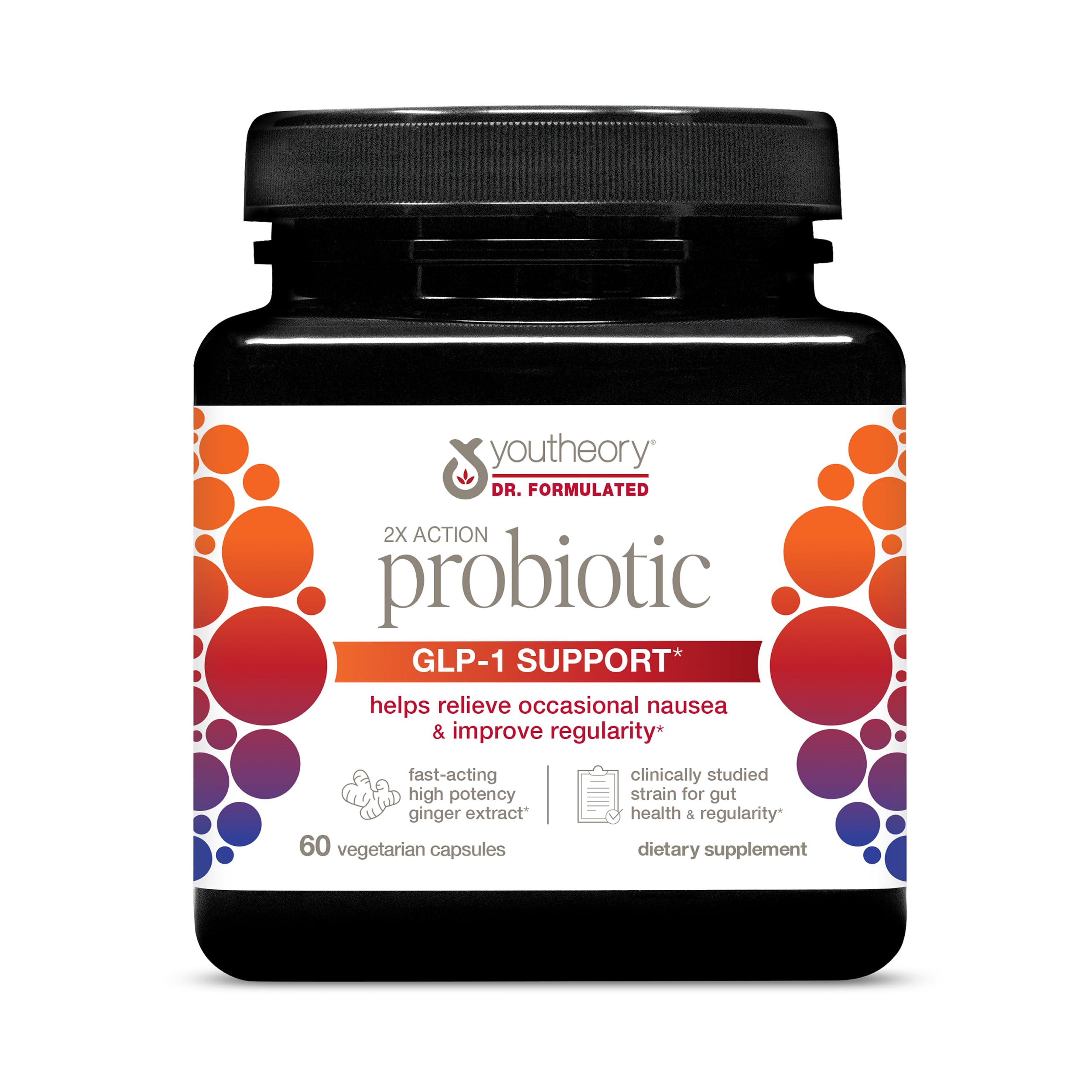 Youtheory 2X Action Probiotic bottle front shows gut support benefits.
