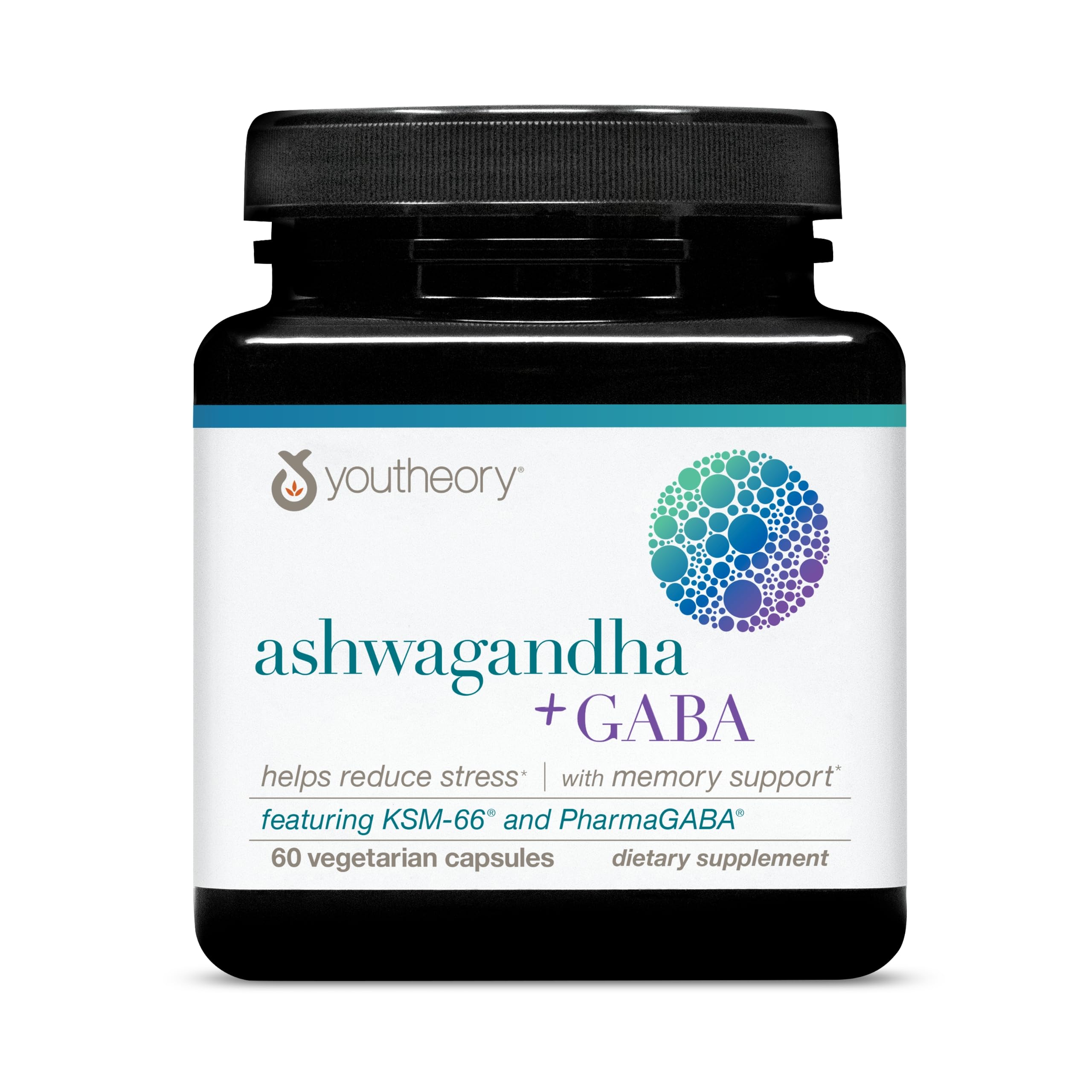 Youtheory Ashwagandha + GABA bottle close-up showing capsules for daily balance