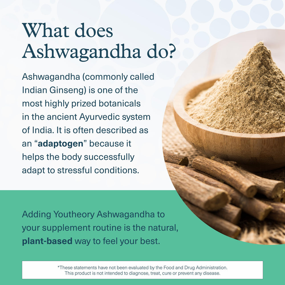 Youtheory Ashwagandha + GABA label detail emphasizes organic ingredients