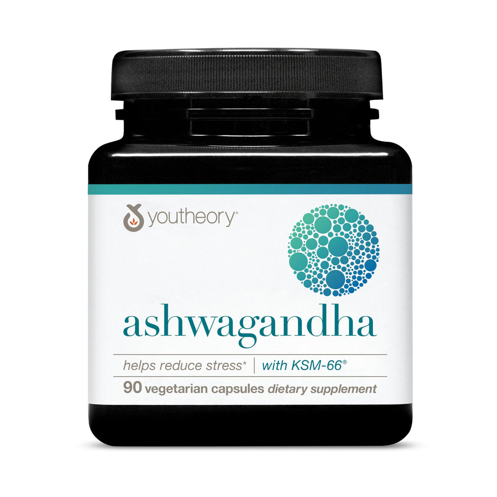 Youtheory Ashwagandha with organic KSM-66 bottle focus, showcasing potency and quality