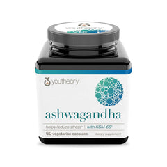 Youtheory Ashwagandha organic ingredients label signaling clean sourcing.