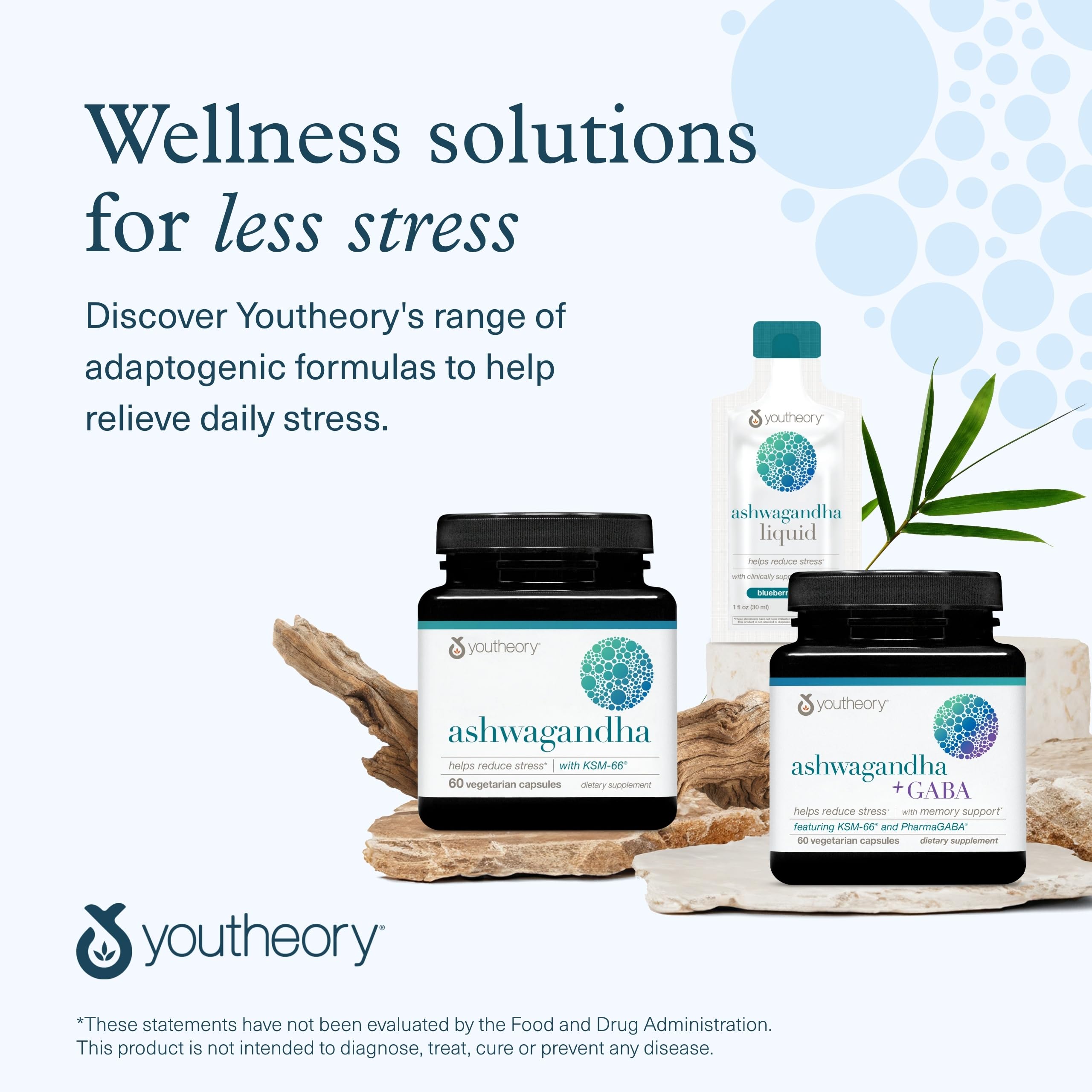Youtheory Ashwagandha supplement facts panel with serving details.