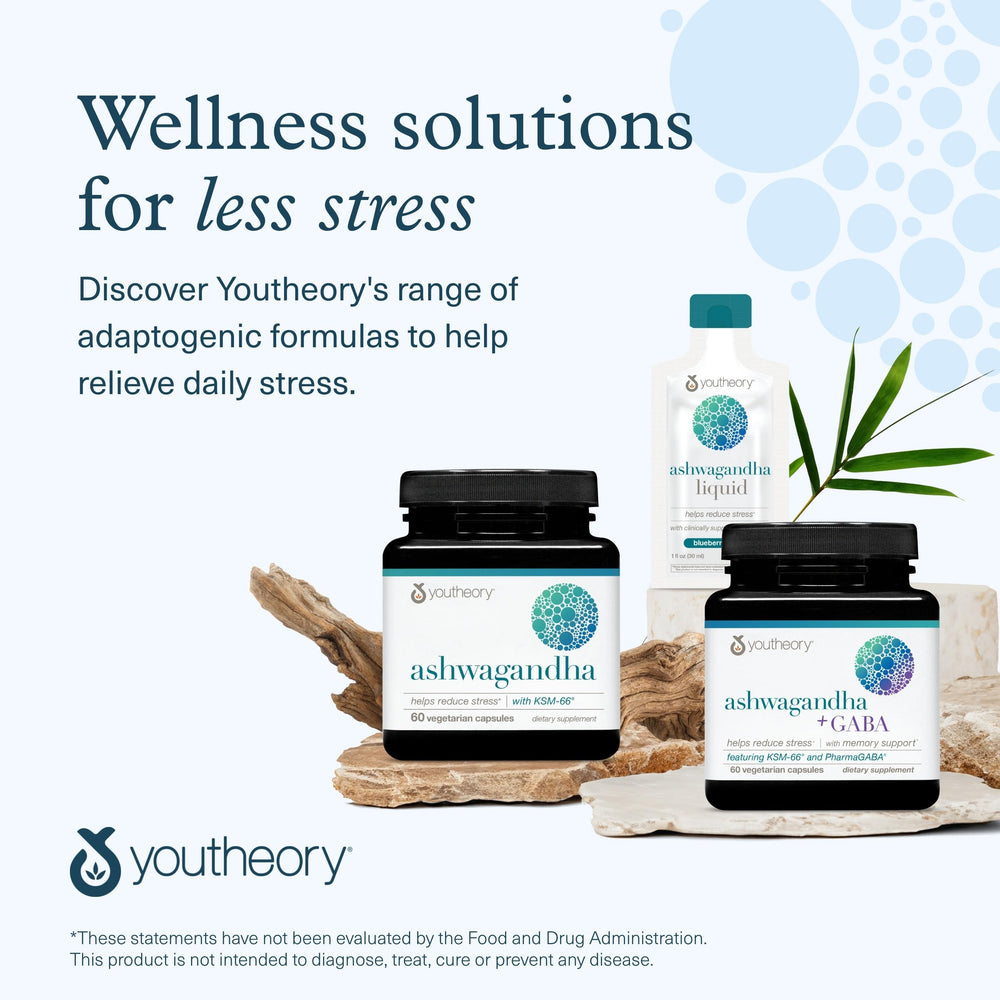 Youtheory Ashwagandha supplement facts panel with serving details.