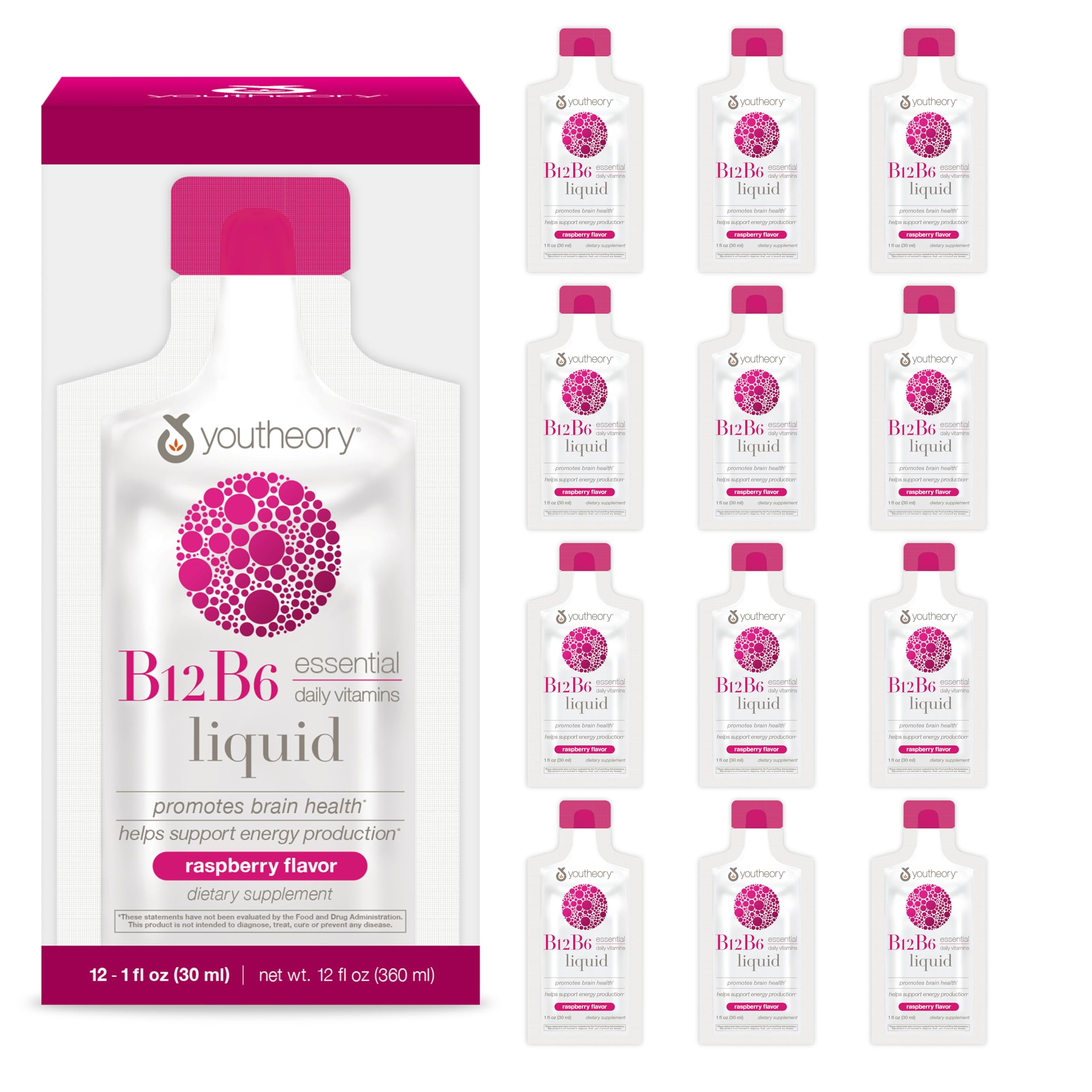 Youtheory B12 B6 daily energy packets in raspberry flavor for on-the-go vitality.