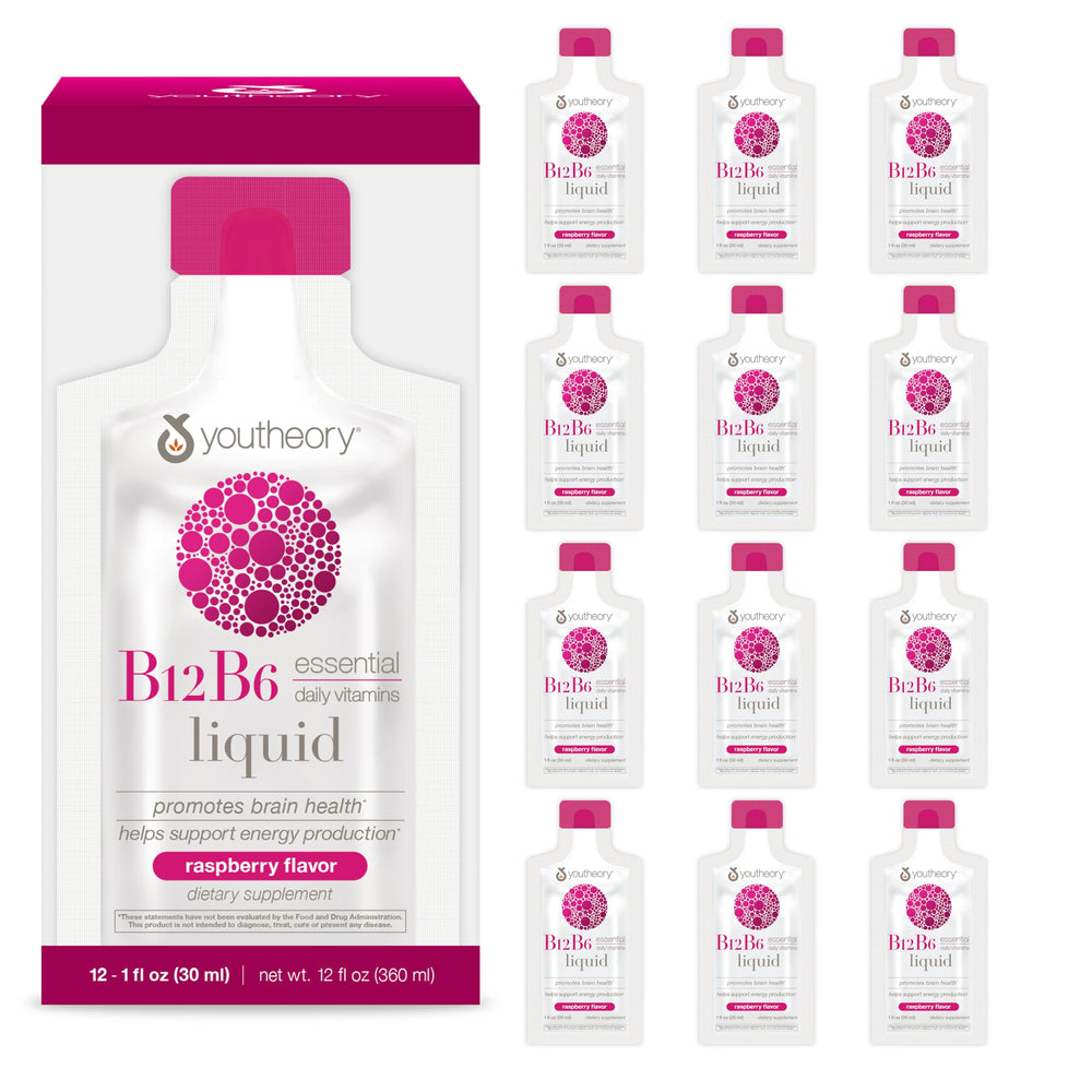 Youtheory B12 B6 daily energy packets in raspberry flavor for on-the-go vitality.