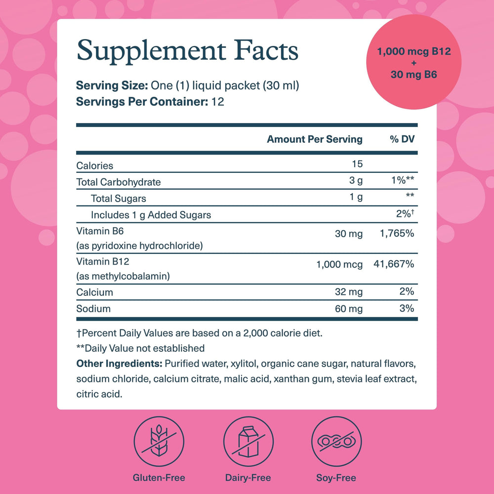 Youtheory B12 B6 liquid raspberry flavor close-up for quick energy support.