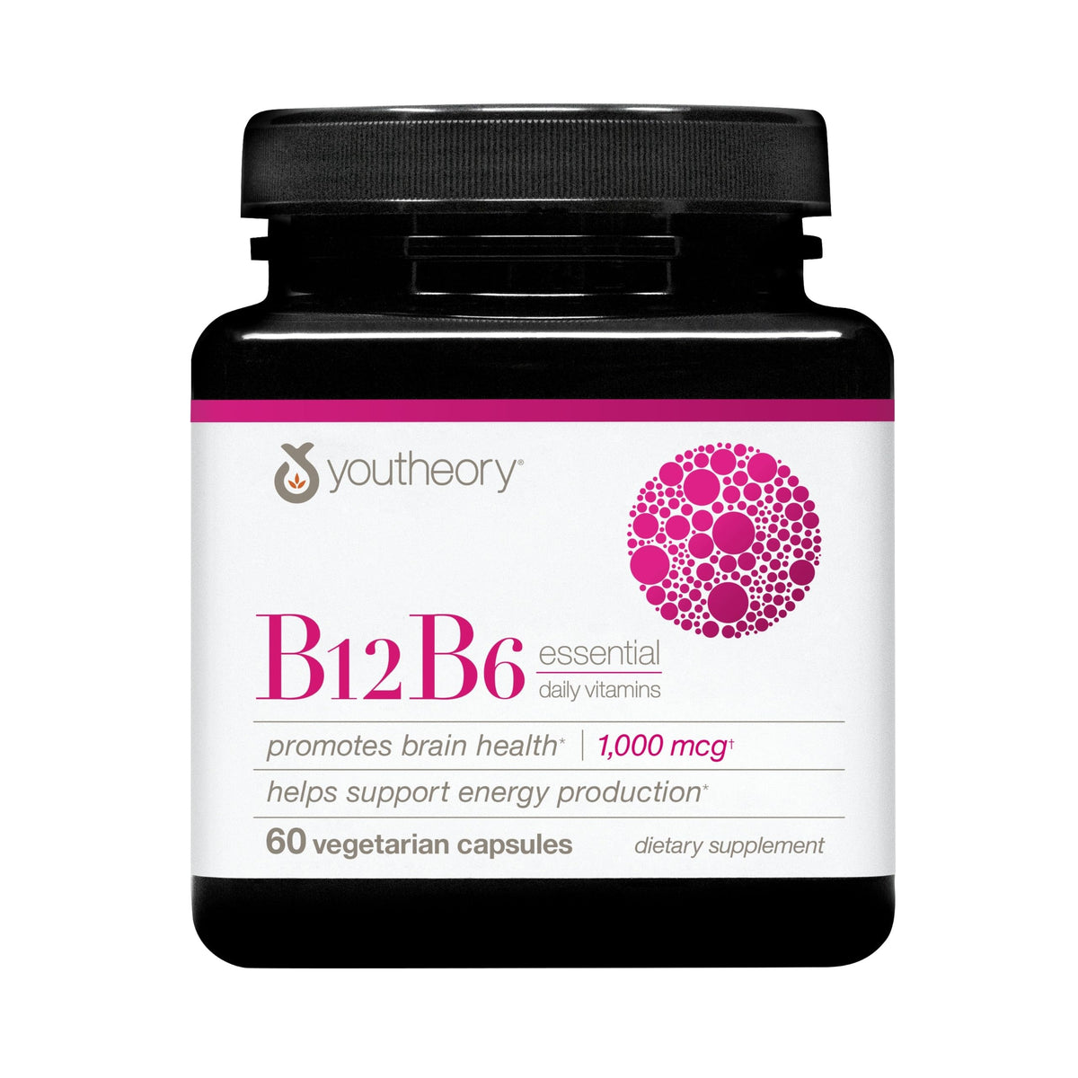 Youtheory B12B6 bottle close-up highlighting energy support and mood balance.