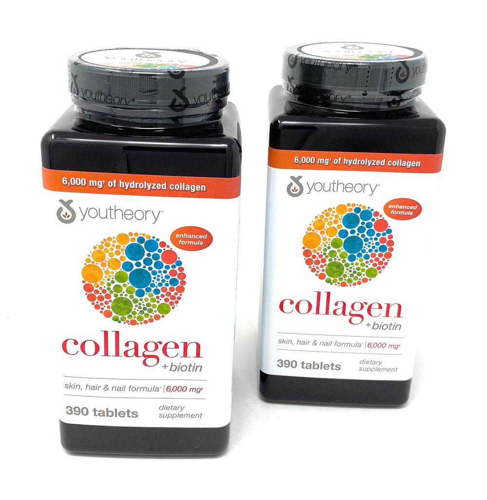 Youtheory collagen tablets 780-count pack highlights easy-to-swallow capsules.