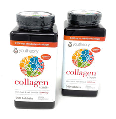 Youtheory collagen tablets 780-count pack highlights easy-to-swallow capsules.