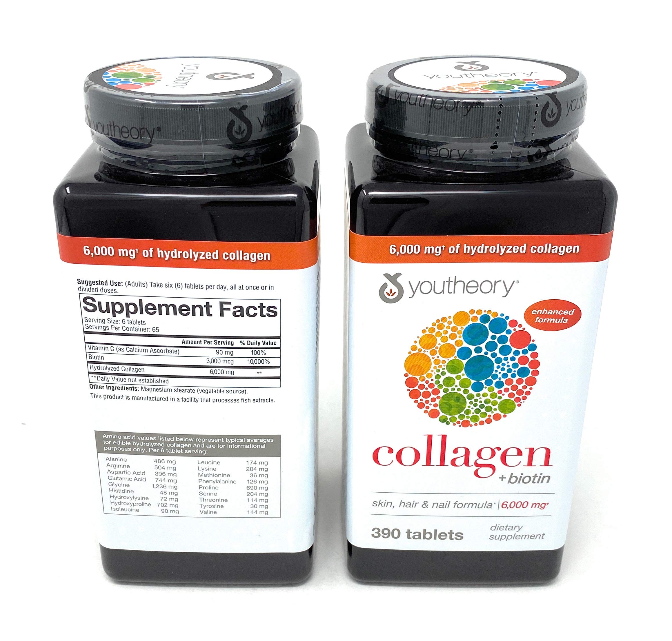 Youtheory bottle and packaging on counter emphasizing vitamin C and biotin.