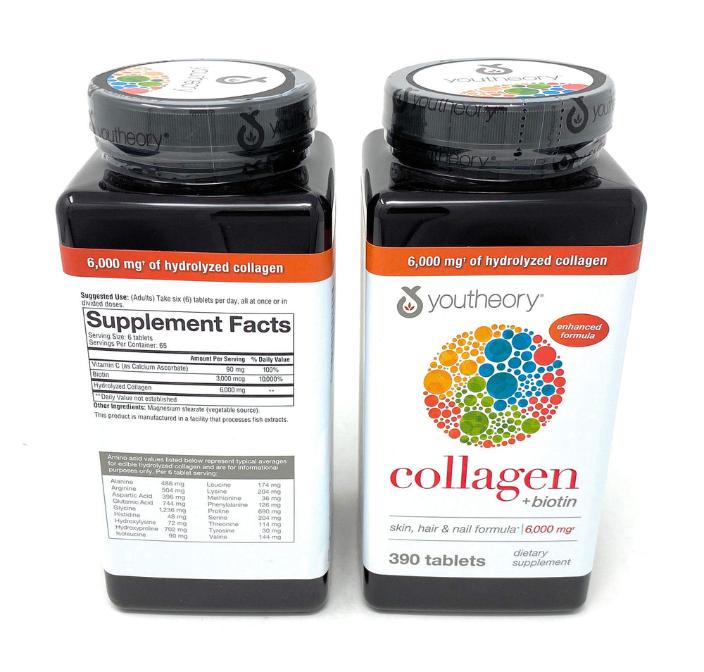 Youtheory bottle and packaging on counter emphasizing vitamin C and biotin.