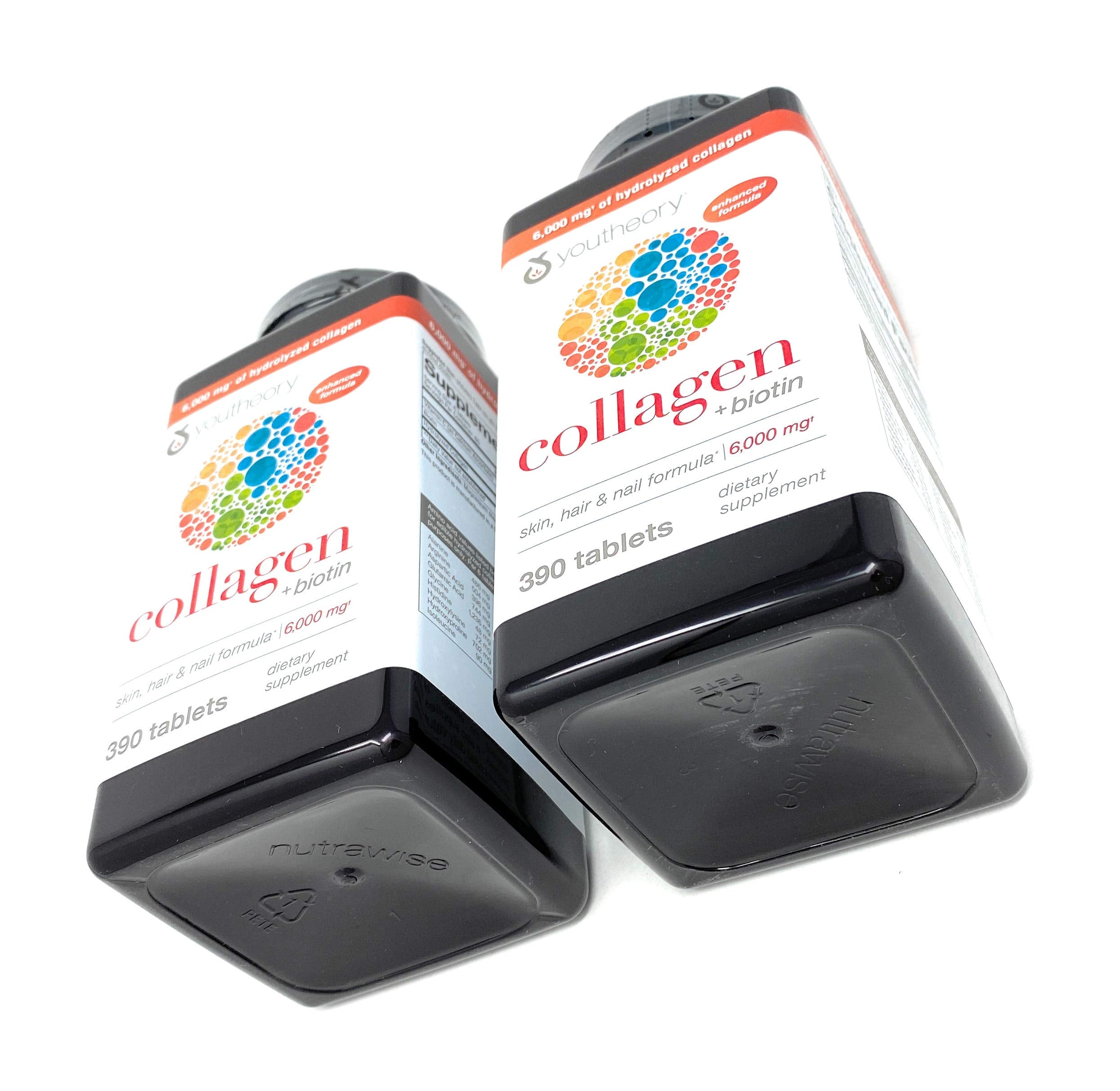 Ingredient close-up showing hydrolyzed collagen, vitamin C, and biotin.