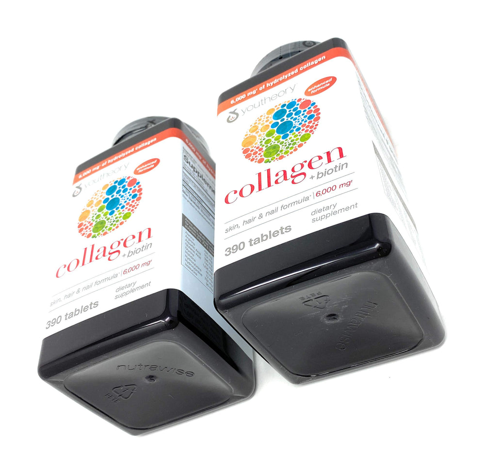 Ingredient close-up showing hydrolyzed collagen, vitamin C, and biotin.