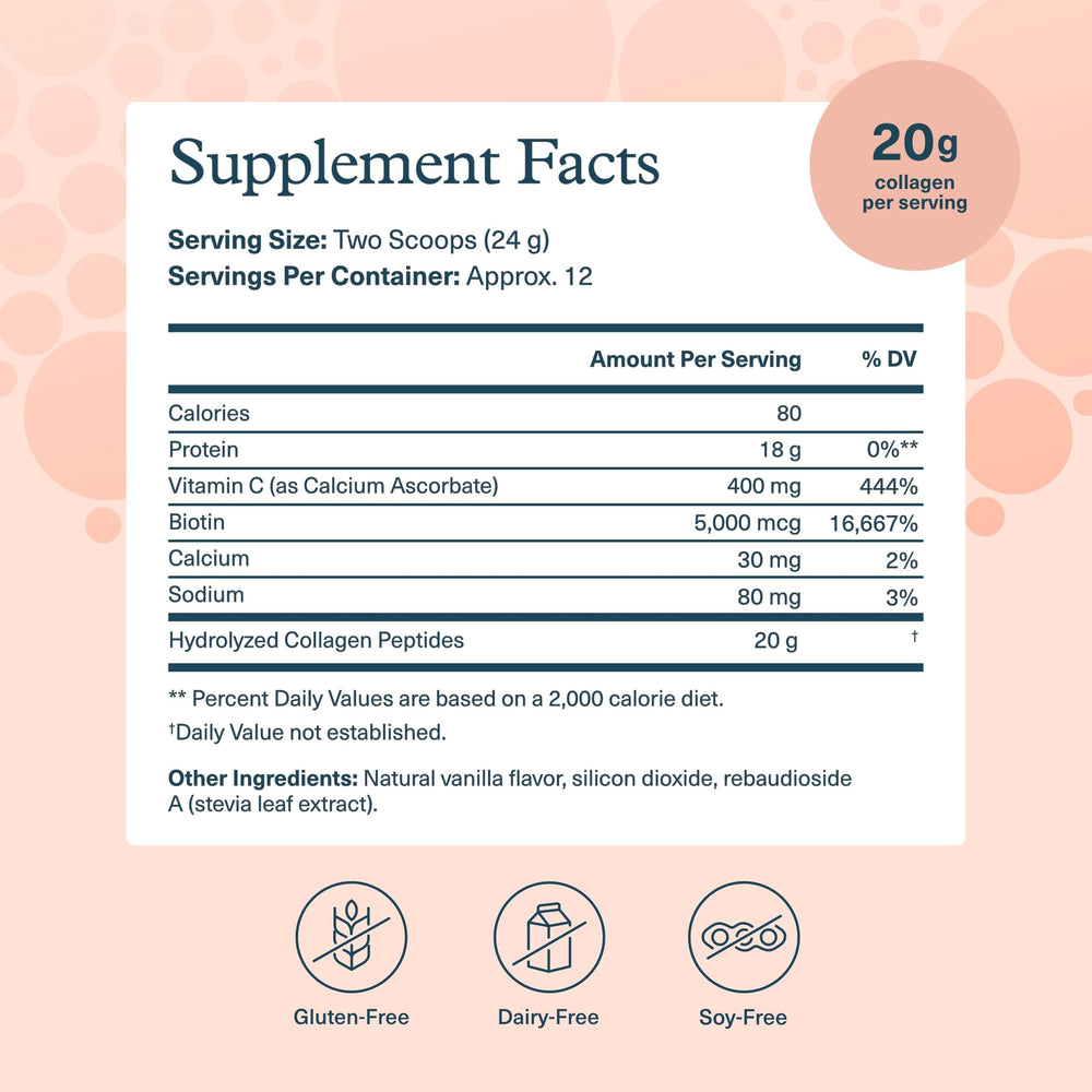 Vanilla flavor scoop beside bottle suggests easy daily mixability