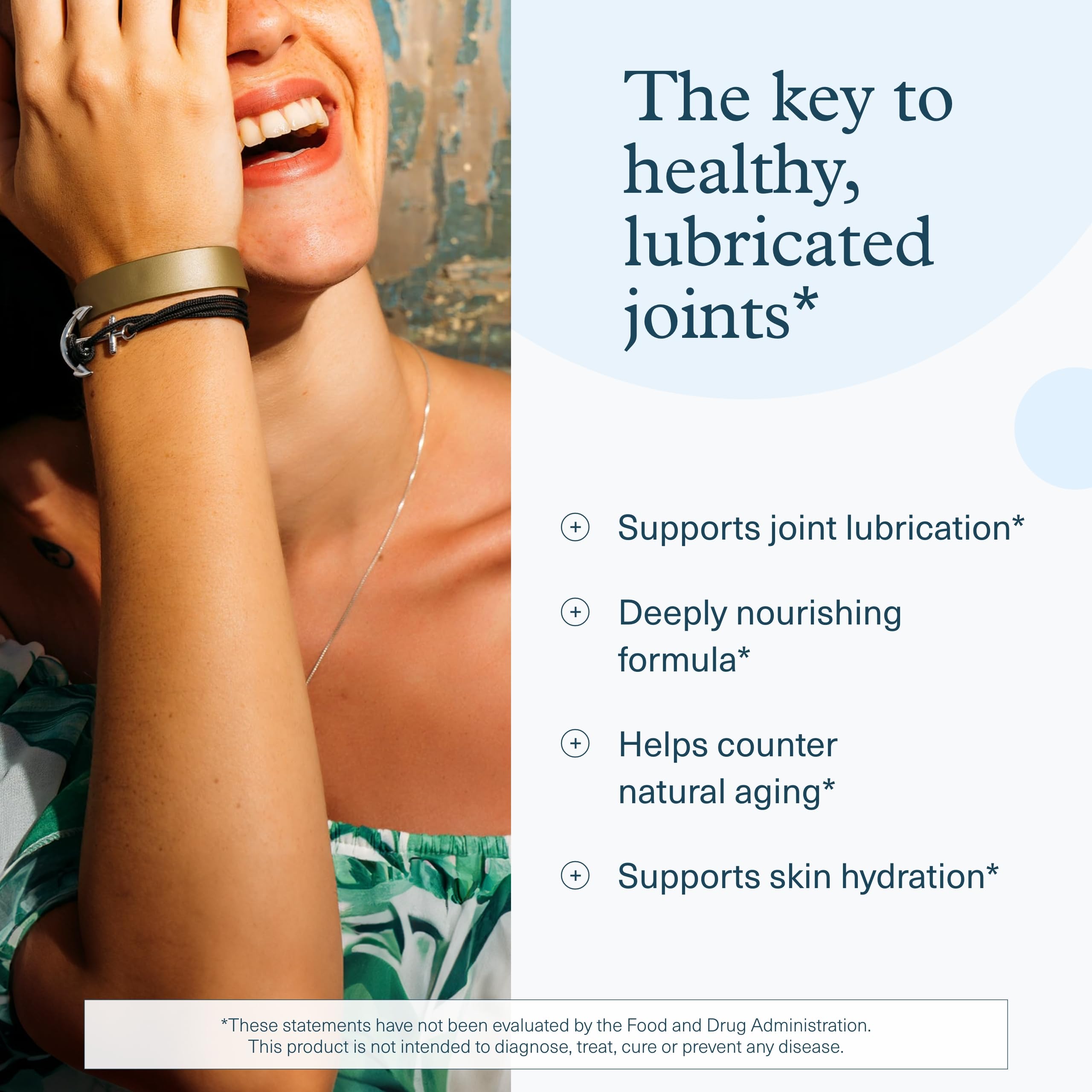 Close-up label with Hyaluronic Acid and Boswellia for skin and joint care.