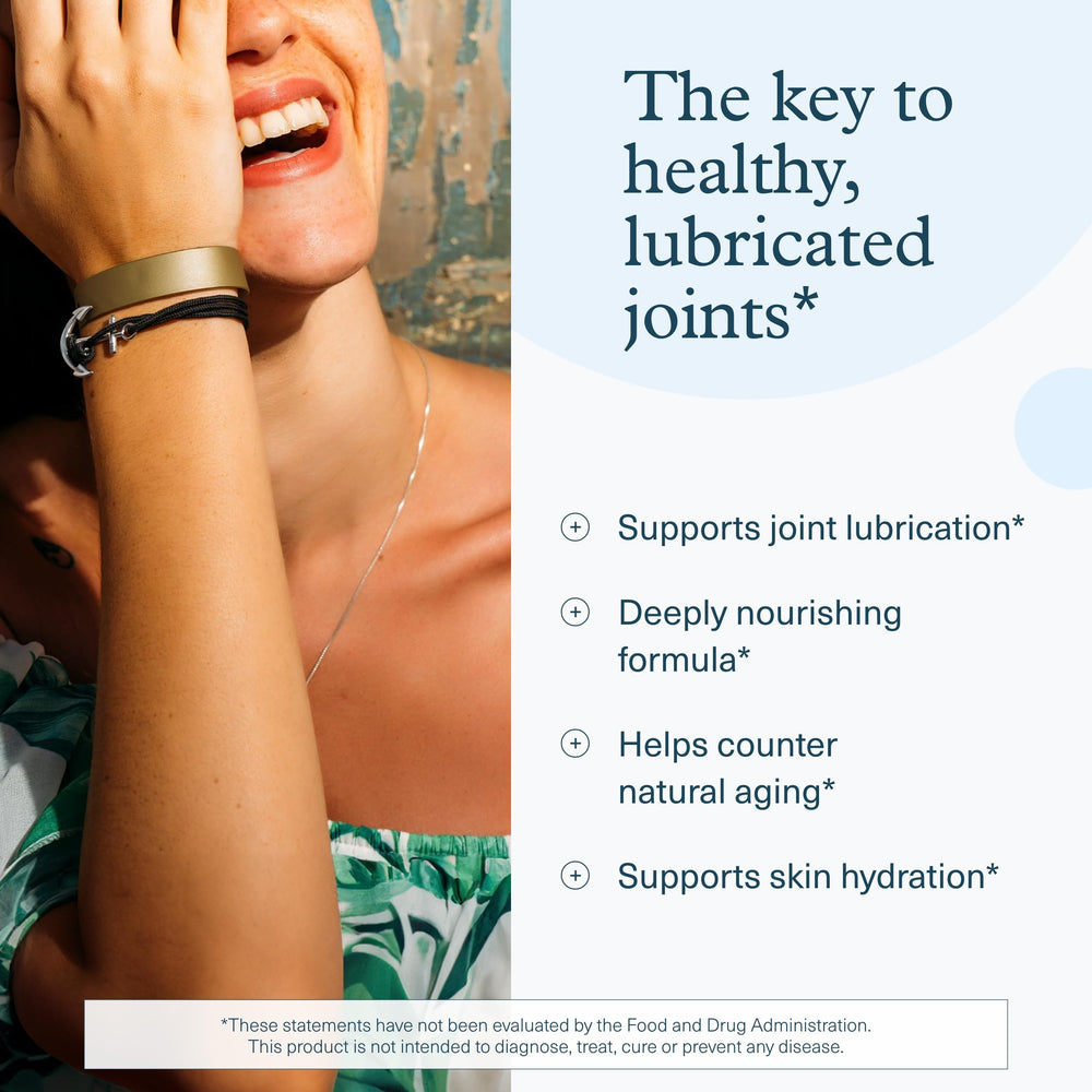Close-up label with Hyaluronic Acid and Boswellia for skin and joint care.