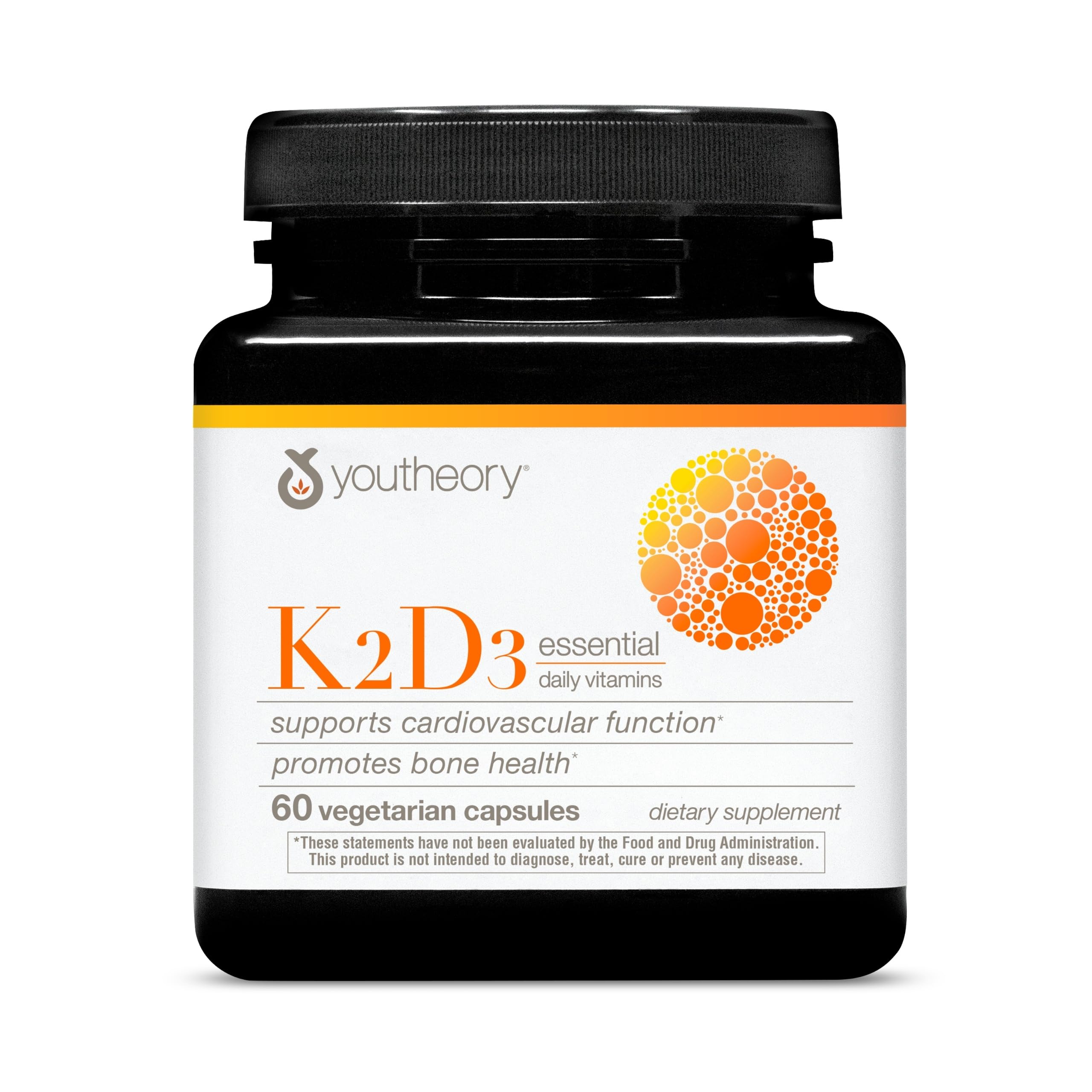Youtheory K2D3 bottle label highlighting dairy-free, gluten-free formula for daily health support