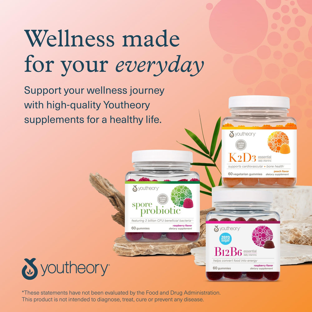 Youtheory K2D3 vegetarian gummies showcase convenient daily wellness.