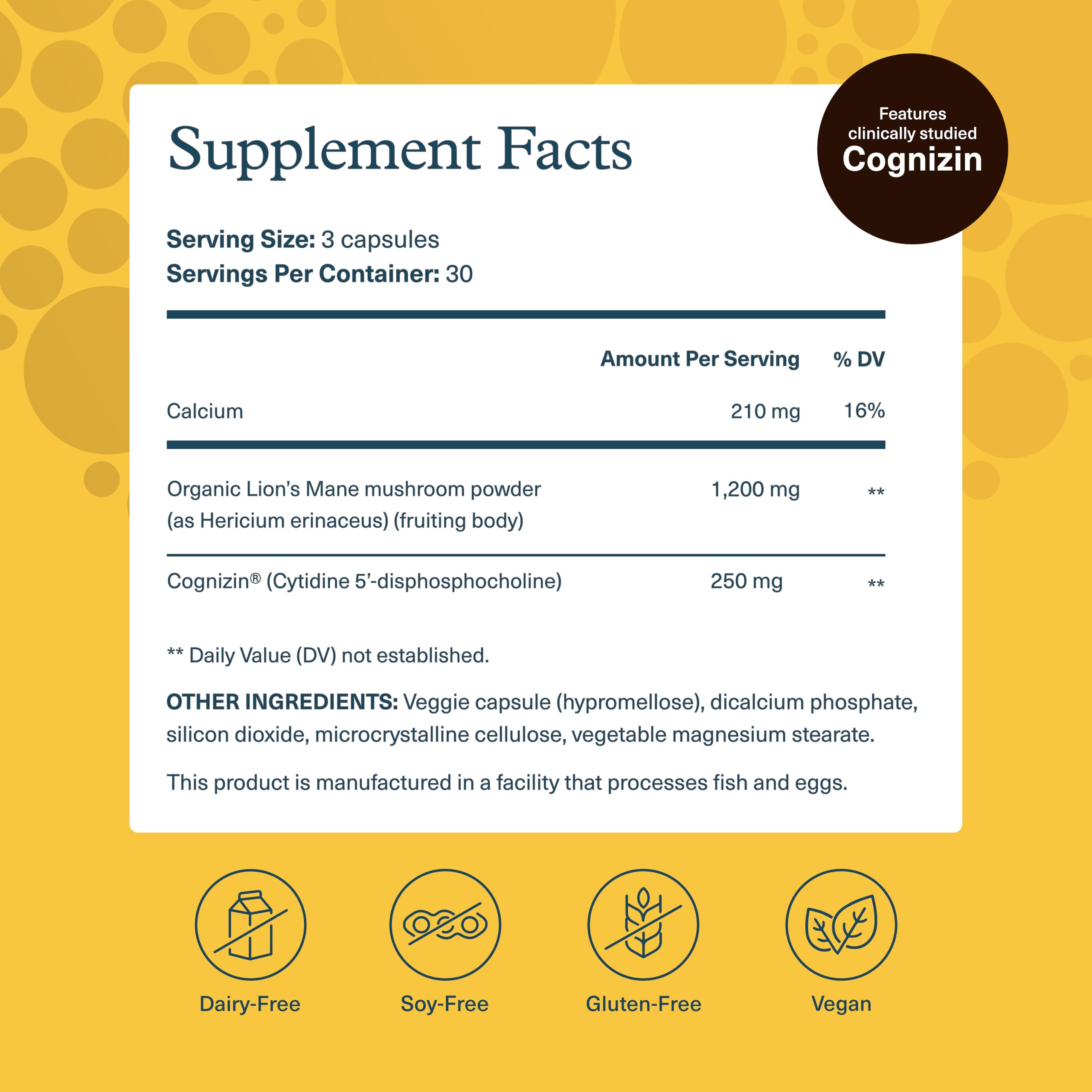 Close-up of Youtheory Lion’s Mane+ capsules highlighting vegetarian formula for focus.