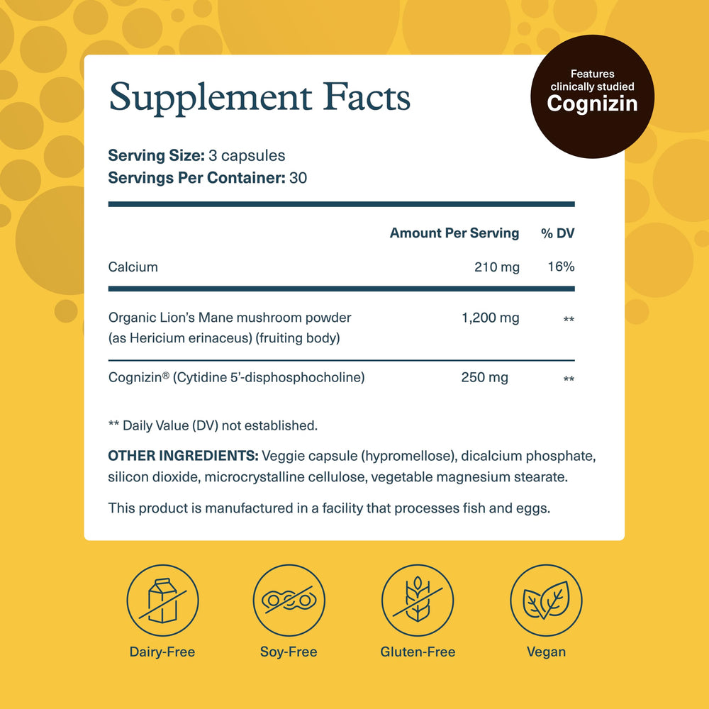 Close-up of Youtheory Lion’s Mane+ capsules highlighting vegetarian formula for focus.