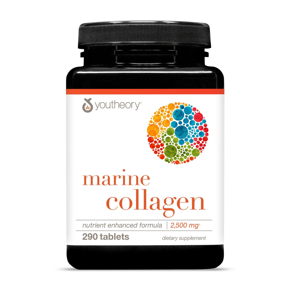 Youtheory Marine Collagen bottle front highlights the product for daily joint and nail support