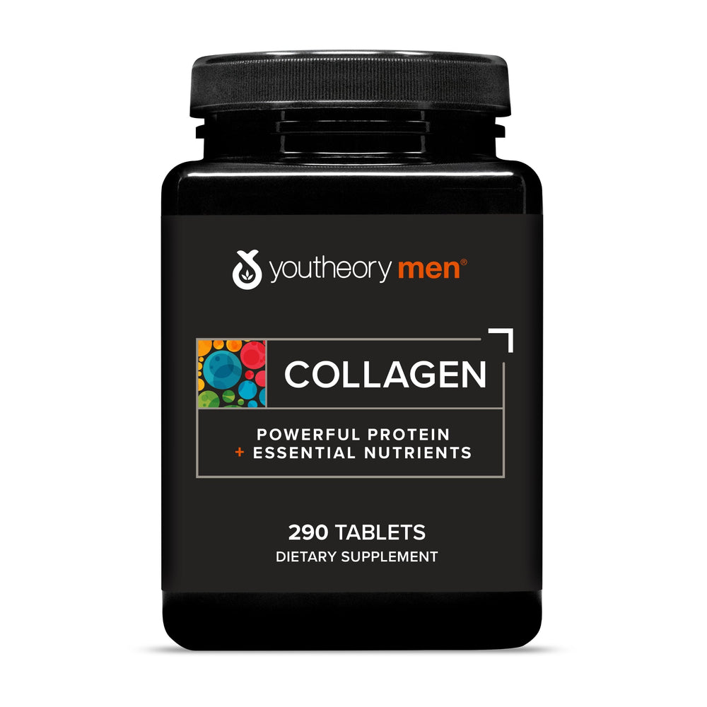 Youtheory Men's Collagen bottle with 5,000 mg tablets highlighting joint and skin benefits.
