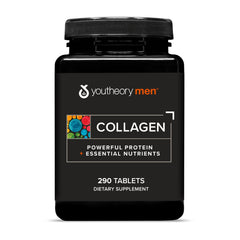 Youtheory Men's Collagen bottle with 5,000 mg tablets highlighting joint and skin benefits.